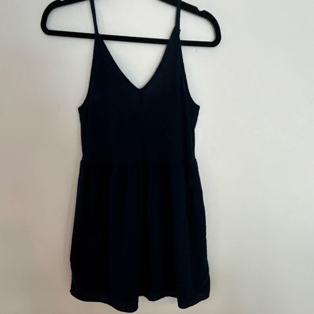 Self Contrast Navy V-Neck Adjustable Spaghetti Strap Mini Dress Cotton XS
